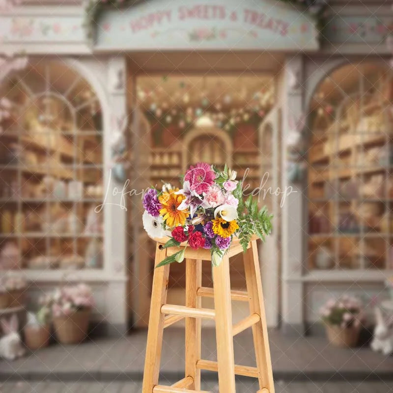 Lofaris Easter Candy Shop Backdrop Hoppy Sweets Storefront Background Spring Floral Bunny Bakery Birthday Party Prop
