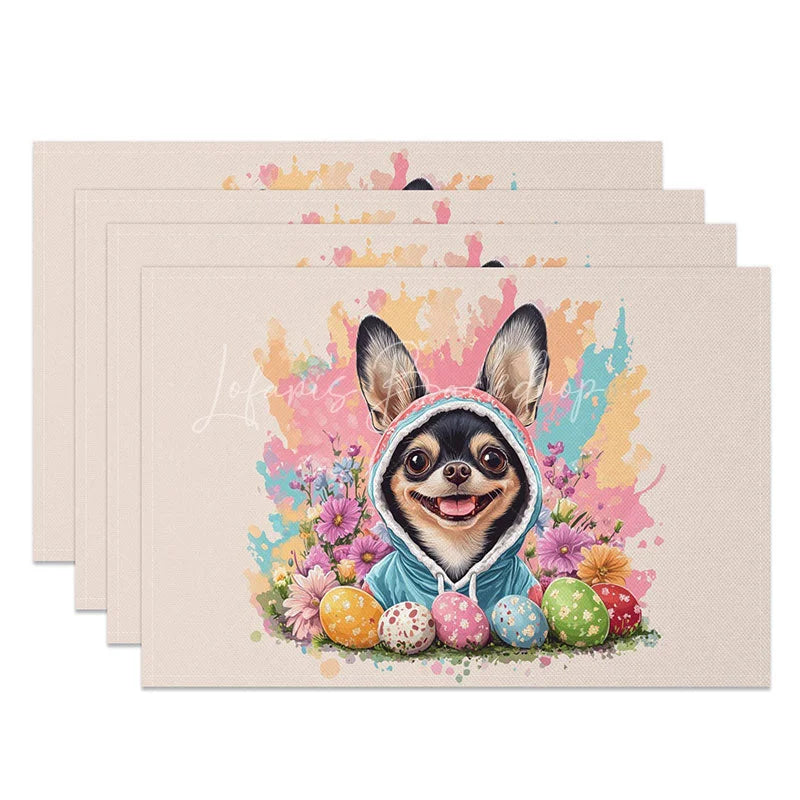 Lofaris Easter Chihuahua Dog Set of 4 Placemats Puppy with Colorful Eggs Cute Pet Holiday Table Mats