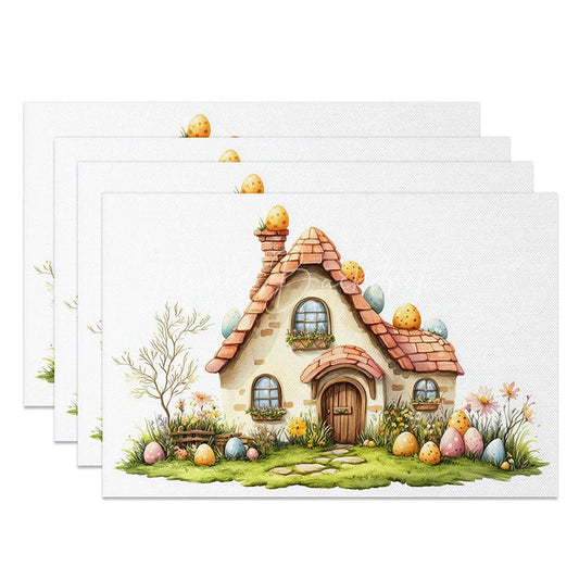 Lofaris Easter Cottage Set of 4 Placemats Watercolor Fairy House with Eggs Spring Holiday Table Mats
