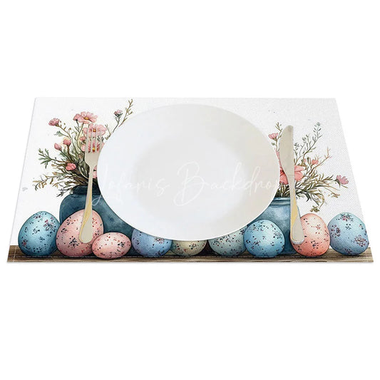 Lofaris Easter Cross Pink Flower Set of 4 Placemats Blue Pot Speckled Eggs Table Mats Spring Holiday Religious Decor