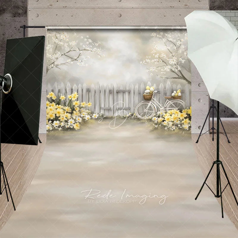 Lofaris Easter Egg Bicycle Backdrop Spring White Fence and Yellow Daffodils Garden Scene Holiday Photography Background