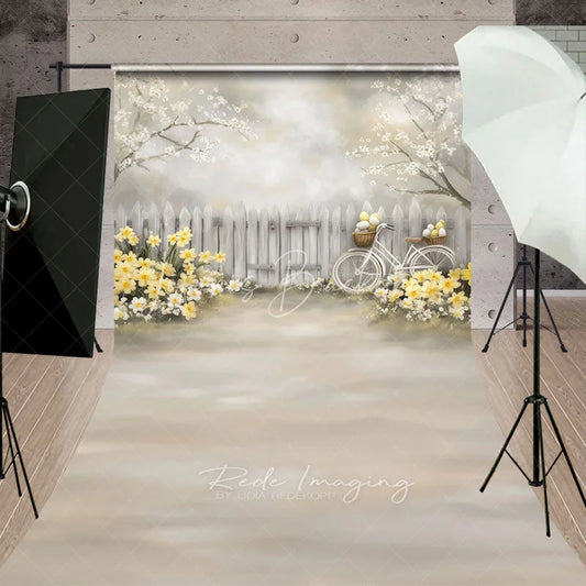 Lofaris Easter Egg Bicycle Backdrop Spring White Fence and Yellow Daffodils Garden Scene Holiday Photography Background