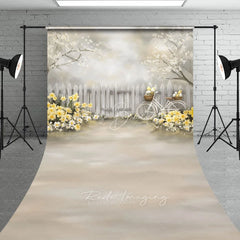Lofaris Easter Egg Bicycle Backdrop Spring White Fence and Yellow Daffodils Garden Scene Holiday Photography Background