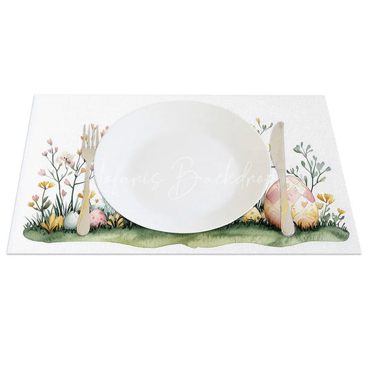 Lofaris Easter Egg House Set of 4 Placemats Yellow Cottage with Flowers Spring Holiday Table Mats Decor