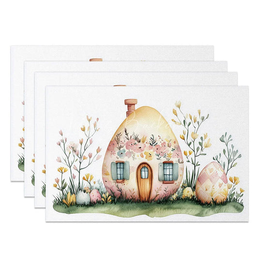 Lofaris Easter Egg House Set of 4 Placemats Yellow Cottage with Flowers Spring Holiday Table Mats Decor