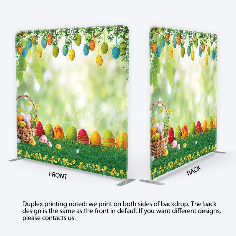 Lofaris Easter Eggs in Basket on Green Grass Backdrop Spring Garden Hanging Decor Tension Fabric