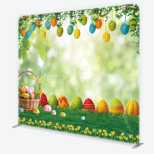 Lofaris Easter Eggs in Basket on Green Grass Backdrop Spring Garden Hanging Decor Tension Fabric