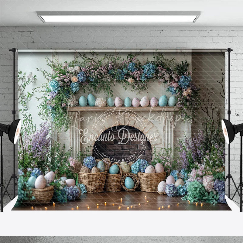 Lofaris Easter Fireplace and Floral Mantel Backdrop Spring Egg Basket Hydrangea Photography Background