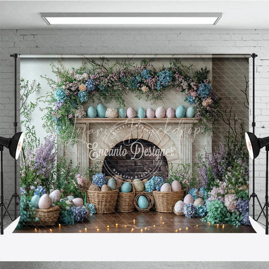 Lofaris Easter Fireplace and Floral Mantel Backdrop Spring Egg Basket Hydrangea Photography Background