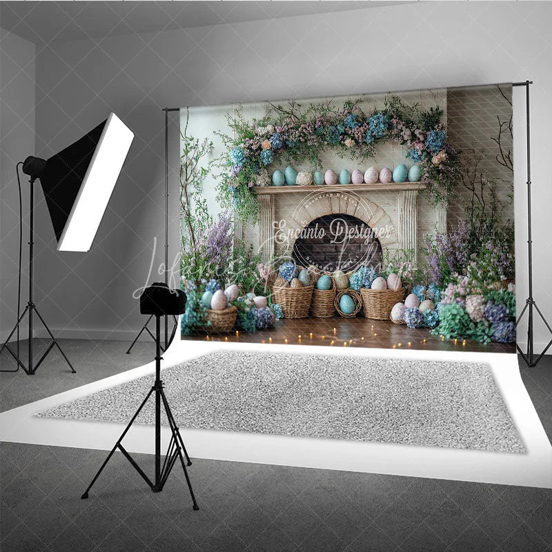 Lofaris Easter Fireplace and Floral Mantel Backdrop Spring Egg Basket Hydrangea Photography Background