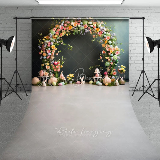 Lofaris Easter Floral Arch Backdrop Pastel Eggs and Bunny Statues on Moss Elegant Spring Celebration Background