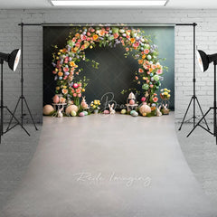 Lofaris Easter Floral Arch Backdrop Pastel Eggs and Bunny Statues on Moss Elegant Spring Celebration Background