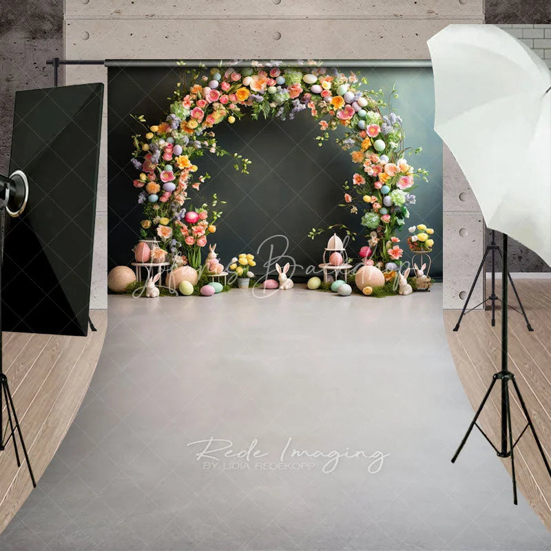 Lofaris Easter Floral Arch Backdrop Pastel Eggs and Bunny Statues on Moss Elegant Spring Celebration Background