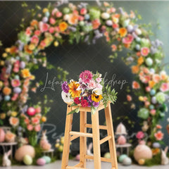 Lofaris Easter Floral Arch Backdrop Pastel Eggs and White Bunnies Spring Photography Background for Kids Portrait Props