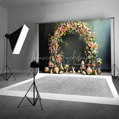 Lofaris Easter Floral Arch Backdrop Pastel Eggs and White Bunnies Spring Photography Background for Kids Portrait Props