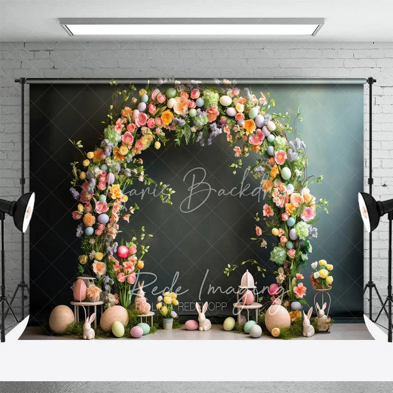 Lofaris Easter Floral Arch Backdrop Pastel Eggs and White Bunnies Spring Photography Background for Kids Portrait Props
