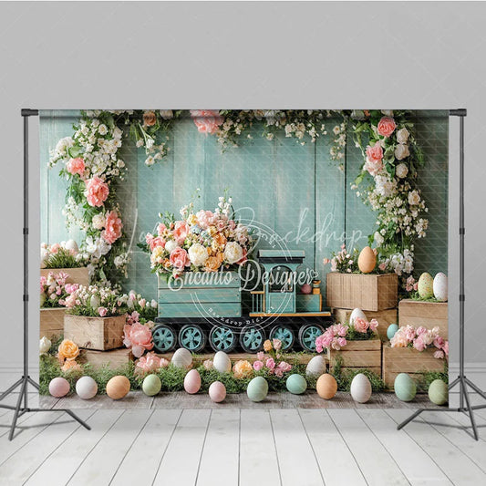 Lofaris Easter Floral Train and Wooden Crate Backdrop Teal Wood Wall Spring Blossom Photography Background