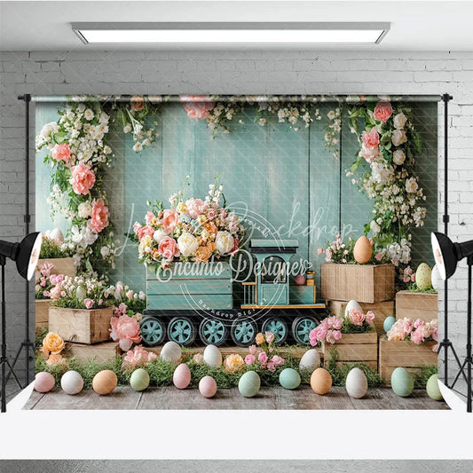 Lofaris Easter Floral Train and Wooden Crate Backdrop Teal Wood Wall Spring Blossom Photography Background