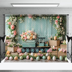 Lofaris Easter Floral Train and Wooden Crate Backdrop Teal Wood Wall Spring Blossom Photography Background