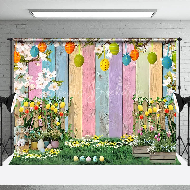 Lofaris Easter Garden Backdrop Bunny and Colorful Eggs with Tulip Flowers Background Spring Pastel Wood Fence Party Decor