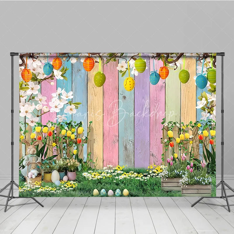 Lofaris Easter Garden Backdrop Bunny and Colorful Eggs with Tulip Flowers Background Spring Pastel Wood Fence Party Decor
