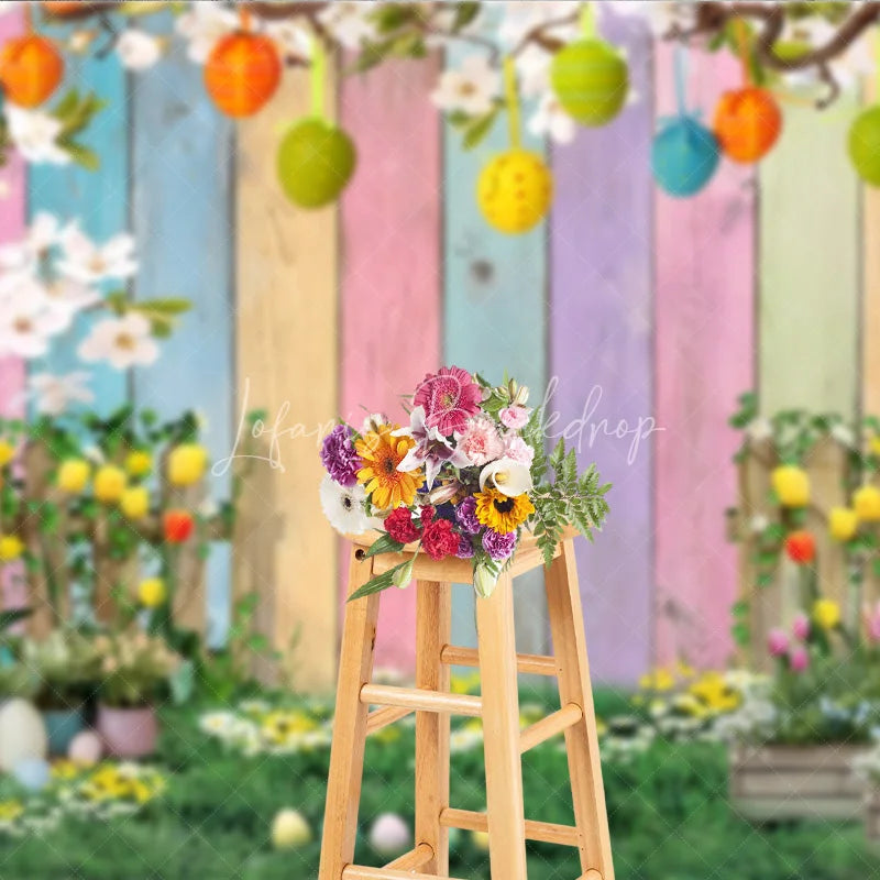 Lofaris Easter Garden Backdrop Bunny and Colorful Eggs with Tulip Flowers Background Spring Pastel Wood Fence Party Decor