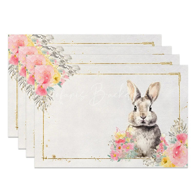 Lofaris Easter Gold Frame Bunny Set of 4 Placemats Watercolor Pink Flower Rabbit Table Mats for Spring