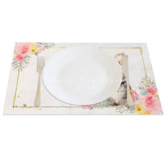 Lofaris Easter Gold Frame Bunny Set of 4 Placemats Watercolor Pink Flower Rabbit Table Mats for Spring