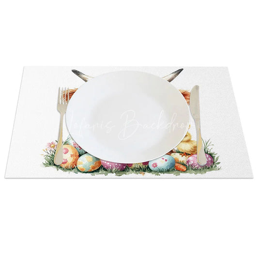 Lofaris Easter Highland Cow Set of 4 Placemats Cute Chick Colorful Eggs Table Mats Spring Holiday Kitchen Decoration