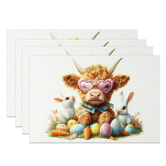 Lofaris Easter Highland Cow Set of 4 Placemats Spring Bunny Eggs Carrots Table Mats Cute Farmhouse Kitchen Dining Decor