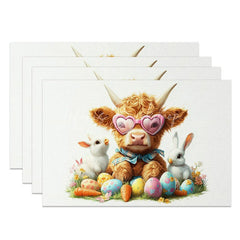 Lofaris Easter Highland Cow Set of 4 Placemats Spring Bunny Eggs Carrots Table Mats Cute Farmhouse Kitchen Dining Decor