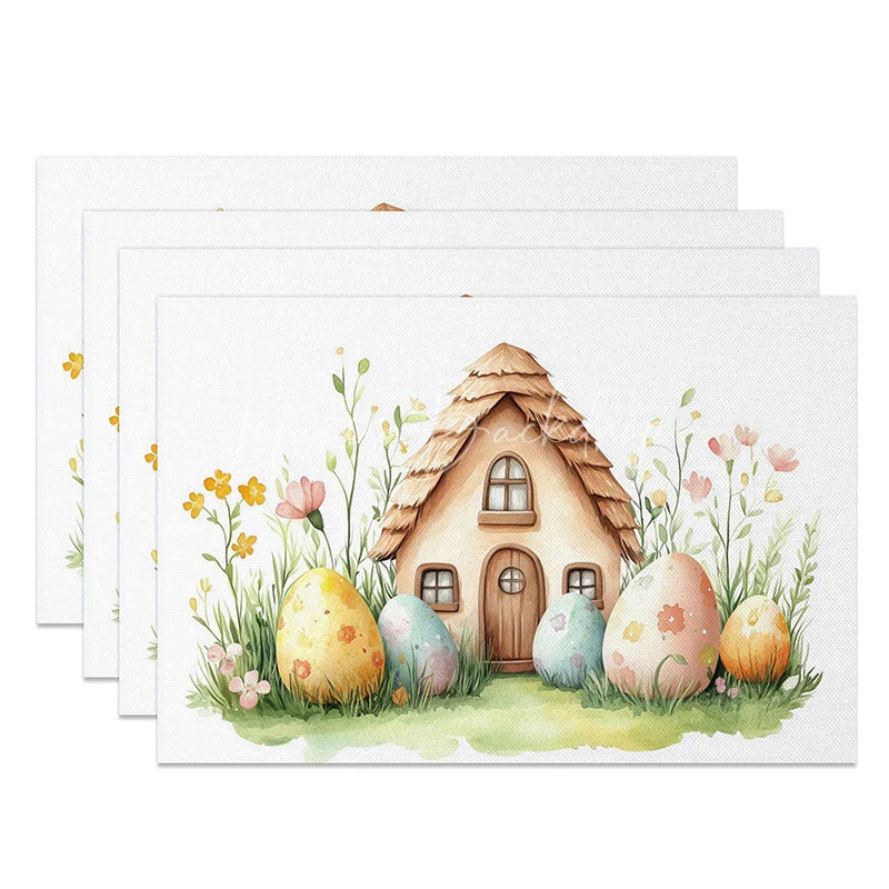 Lofaris Easter Mushroom House Set of 4 Placemats Fantasy Cottage with Eggs Spring Garden Table Mats