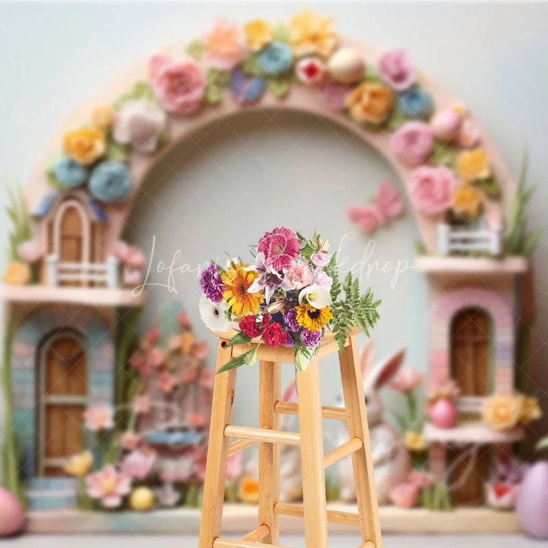 Lofaris Easter Pastel House Backdrop Colorful Spring Flowers White Bunnies and Eggs Photography Background for Kids