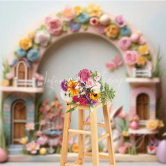 Lofaris Easter Pastel House Backdrop Colorful Spring Flowers White Bunnies and Eggs Photography Background for Kids