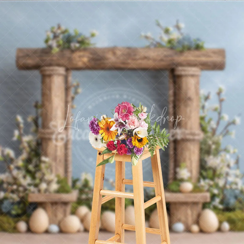 Lofaris Easter Photography Backdrop Rustic Wooden Frame with White Flowers and Eggs Spring Portrait Background