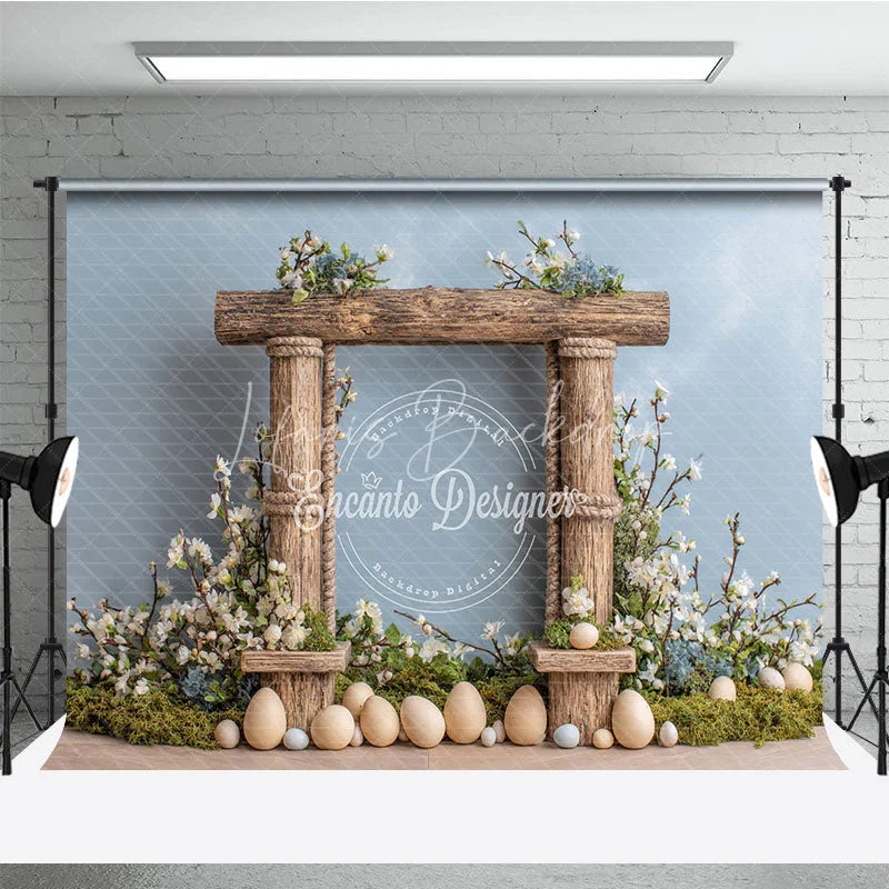 Lofaris Easter Photography Backdrop Rustic Wooden Frame with White Flowers and Eggs Spring Portrait Background