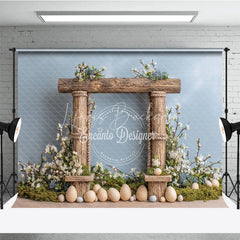 Lofaris Easter Photography Backdrop Rustic Wooden Frame with White Flowers and Eggs Spring Portrait Background