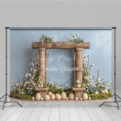 Lofaris Easter Photography Backdrop Rustic Wooden Frame with White Flowers and Eggs Spring Portrait Background