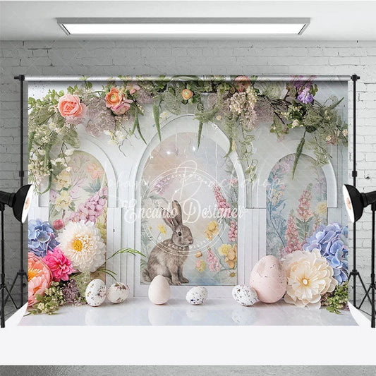 Lofaris Easter Rabbit Arched Window Backdrop Spring Floral Garland and Garden Party Decoration