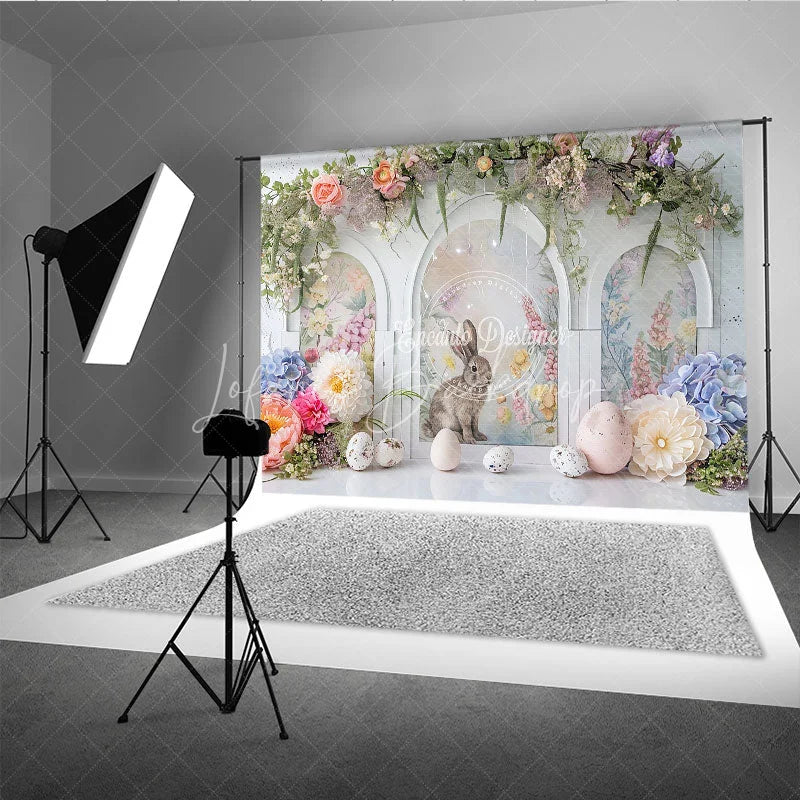 Lofaris Easter Rabbit Arched Window Backdrop Spring Floral Garland and Garden Party Decoration