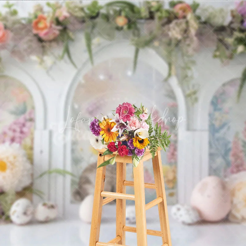 Lofaris Easter Rabbit Arched Window Backdrop Spring Floral Garland and Garden Party Decoration