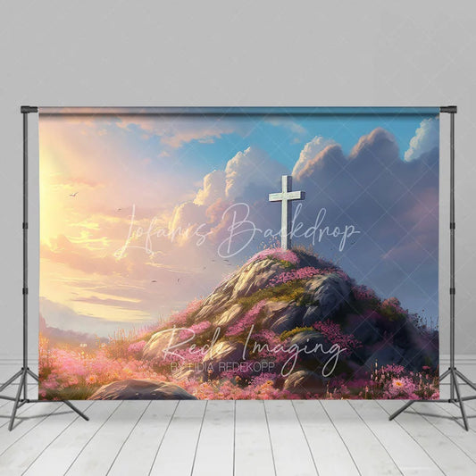 Lofaris Easter Religious Cross Backdrop Sunrise Sky and Pink Floral Rocky Hill Photography Background for Church Event