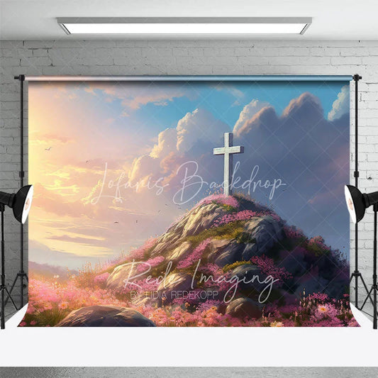 Lofaris Easter Religious Cross Backdrop Sunrise Sky and Pink Floral Rocky Hill Photography Background for Church Event