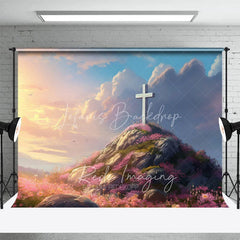 Lofaris Easter Religious Cross Backdrop Sunrise Sky and Pink Floral Rocky Hill Photography Background for Church Event
