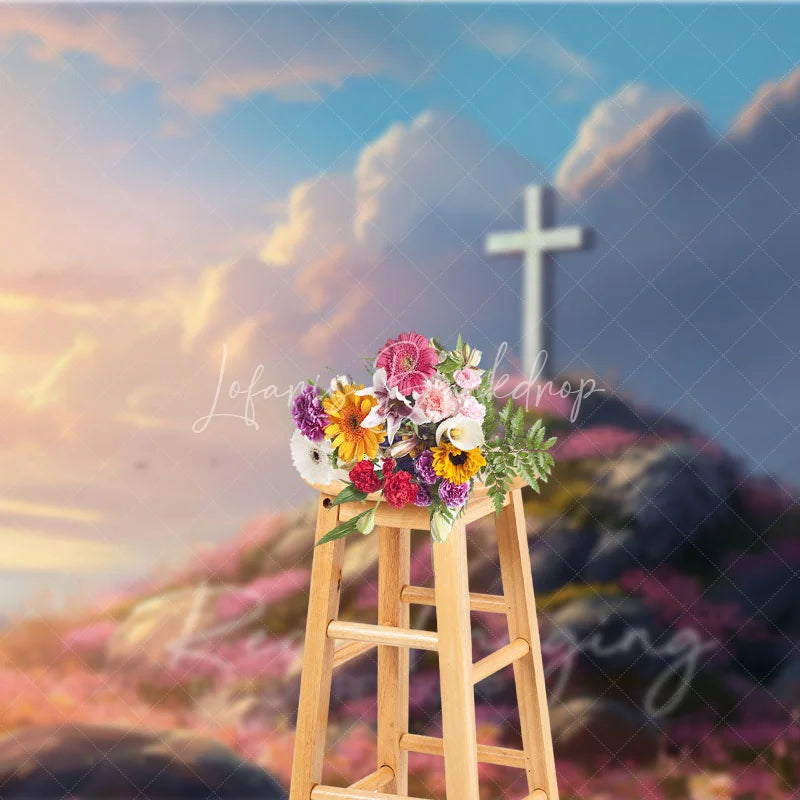 Lofaris Easter Religious Cross Backdrop Sunrise Sky and Pink Floral Rocky Hill Photography Background for Church Event