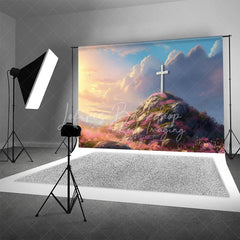 Lofaris Easter Religious Cross Backdrop Sunrise Sky and Pink Floral Rocky Hill Photography Background for Church Event