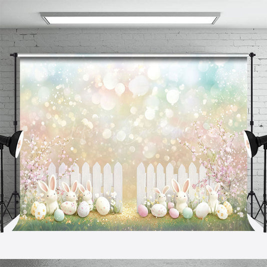 Lofaris Easter Scene With White Fence Bunnies Eggs Backdrop