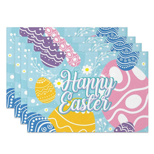 Lofaris Easter Set of 4 Placemats Blue Background Swirl Eggs Large Happy Text Dining Table Mats