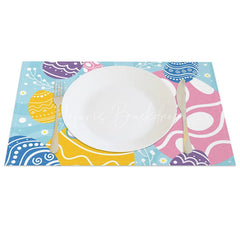 Lofaris Easter Set of 4 Placemats Blue Background Swirl Eggs Large Happy Text Dining Table Mats