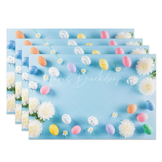 Lofaris Easter Set of 4 Placemats Blue Background White Flowers Pastel Eggs Border Spring Dining Table Mats